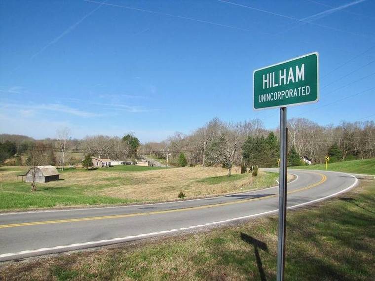 The green community-name road sign for Hilham along State Route 85 (Hilham Highway), Overton County, TN