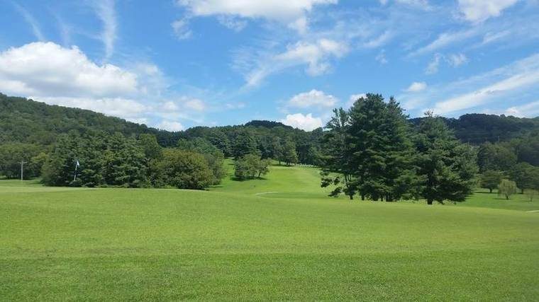 Golf course with lush green grass, scattered trees, and a flag on a hole, set against rolling hills and a partly cloudy sky.