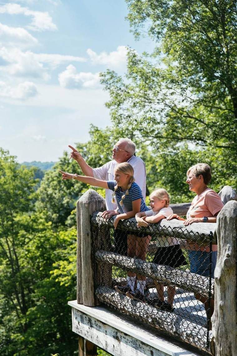 Group of people, including children and adults, standing on a wooden deck with a railing, outdoors in a park-like setting with green trees and blue sky.