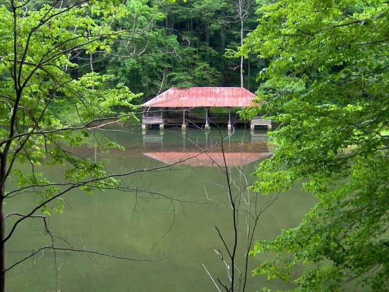 Boathouse along Standing Stone Lake, accessible from the Lake Trail, viewed from the Cooper Mountain Loop Trail