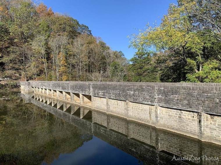 The top of the CCC-era stone dam at Standing Stone State Park