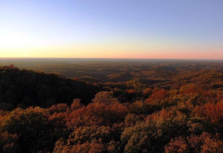 View looking northwest across the northern Highland Rim (rolling wooded ridgeline and farmland) from the Goodpasture Mountain fire tower at Standing Stone State Park, Overton County