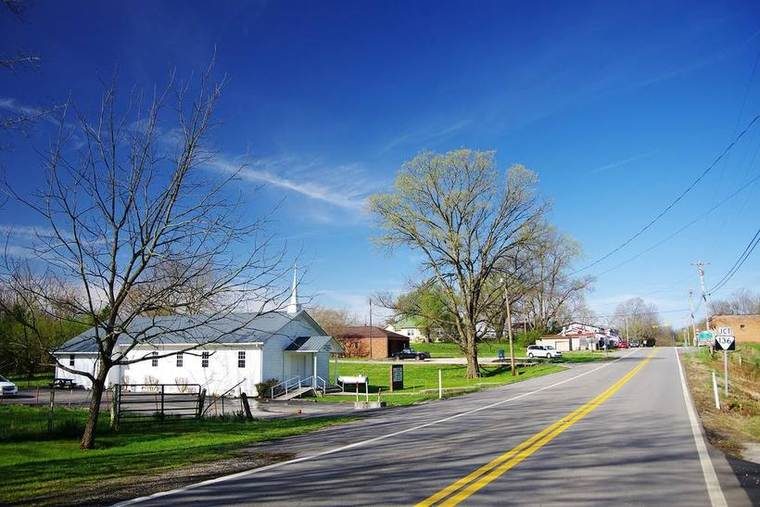 Tennessee State Route 85 looking west toward its junction with SR 136 in Hilham, Overton County, TN, spring 2018