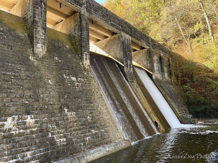 The bottom of the CCC-era stone dam at Standing Stone State Park