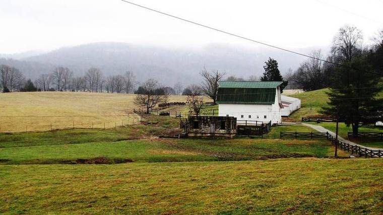Farmland near the former Alpine Institute campus with Alpine Mountain in the distance and the former dairy barn at right, Alpine, Overton County, TN