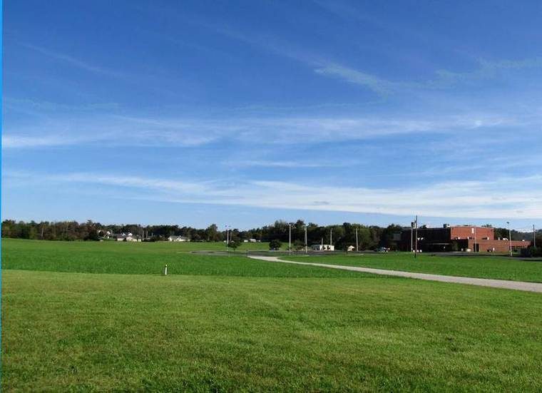 Rickman Elementary School and nearby homes in the Rickman community, viewed from State Route 42, Overton County, TN